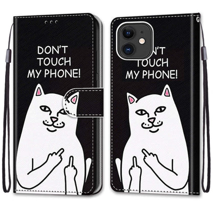 For iPhone 12 mini Coloured Drawing Cross Texture Horizontal Flip PU Leather Case with Holder & Card Slots & Wallet & Lanyard (Middle Finger White Cat) - iPhone 12 mini Cases by buy2fix | Online Shopping UK | buy2fix