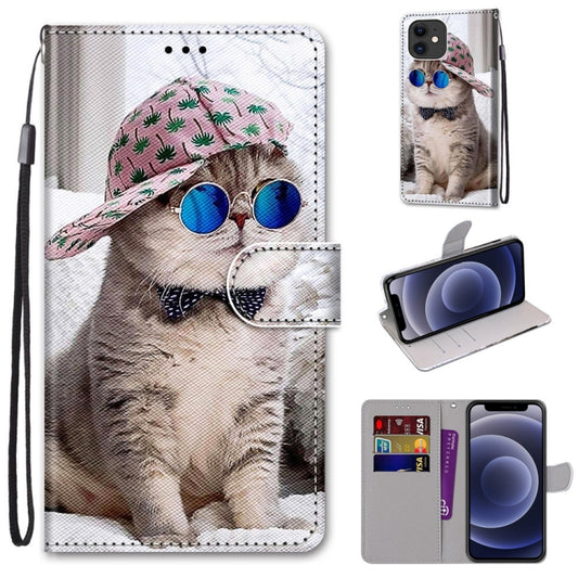 For iPhone 12 mini Coloured Drawing Cross Texture Horizontal Flip PU Leather Case with Holder & Card Slots & Wallet & Lanyard (Slant Hat Blue Mirror Cat) - iPhone 12 mini Cases by buy2fix | Online Shopping UK | buy2fix