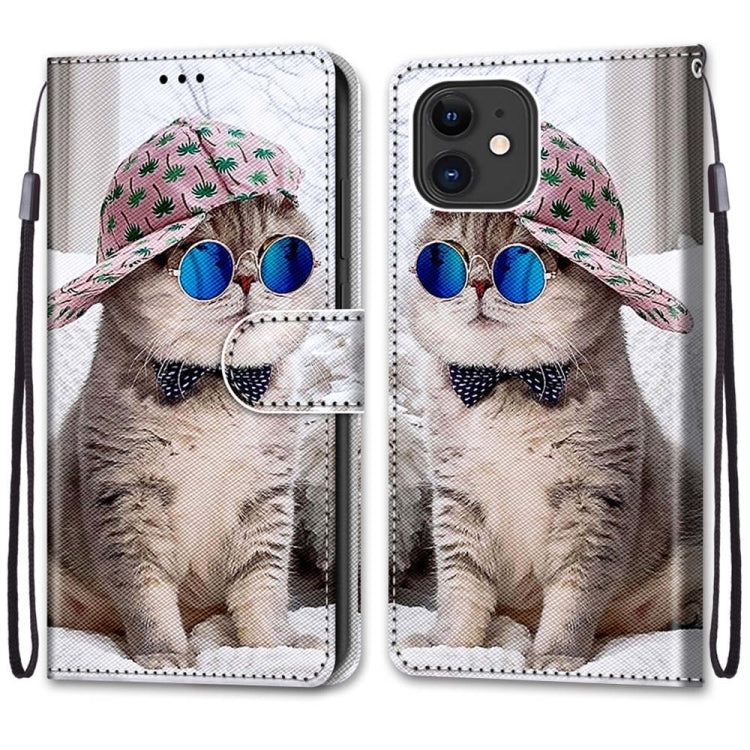 For iPhone 12 mini Coloured Drawing Cross Texture Horizontal Flip PU Leather Case with Holder & Card Slots & Wallet & Lanyard (Slant Hat Blue Mirror Cat) - iPhone 12 mini Cases by buy2fix | Online Shopping UK | buy2fix