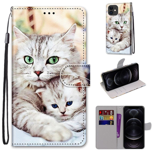 For iPhone 12 / 12 Pro Coloured Drawing Cross Texture Horizontal Flip PU Leather Case with Holder & Card Slots & Wallet & Lanyard(Big Cat Holding Kitten) - iPhone 12 / 12 Pro Cases by buy2fix | Online Shopping UK | buy2fix