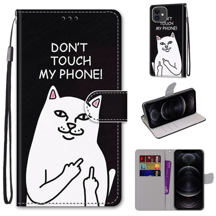 For iPhone 12 / 12 Pro Coloured Drawing Cross Texture Horizontal Flip PU Leather Case with Holder & Card Slots & Wallet & Lanyard(Middle Finger White Cat) - iPhone 12 / 12 Pro Cases by buy2fix | Online Shopping UK | buy2fix