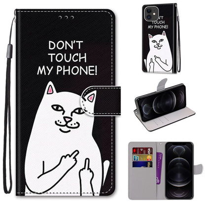 For iPhone 12 / 12 Pro Coloured Drawing Cross Texture Horizontal Flip PU Leather Case with Holder & Card Slots & Wallet & Lanyard(Middle Finger White Cat) - iPhone 12 / 12 Pro Cases by buy2fix | Online Shopping UK | buy2fix