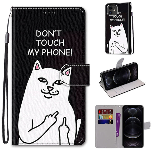 For iPhone 12 / 12 Pro Coloured Drawing Cross Texture Horizontal Flip PU Leather Case with Holder & Card Slots & Wallet & Lanyard(Middle Finger White Cat) - iPhone 12 / 12 Pro Cases by buy2fix | Online Shopping UK | buy2fix