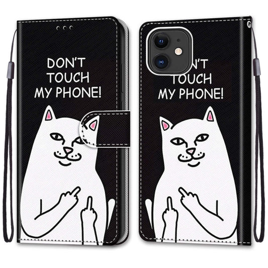 For iPhone 12 / 12 Pro Coloured Drawing Cross Texture Horizontal Flip PU Leather Case with Holder & Card Slots & Wallet & Lanyard(Middle Finger White Cat) - iPhone 12 / 12 Pro Cases by buy2fix | Online Shopping UK | buy2fix
