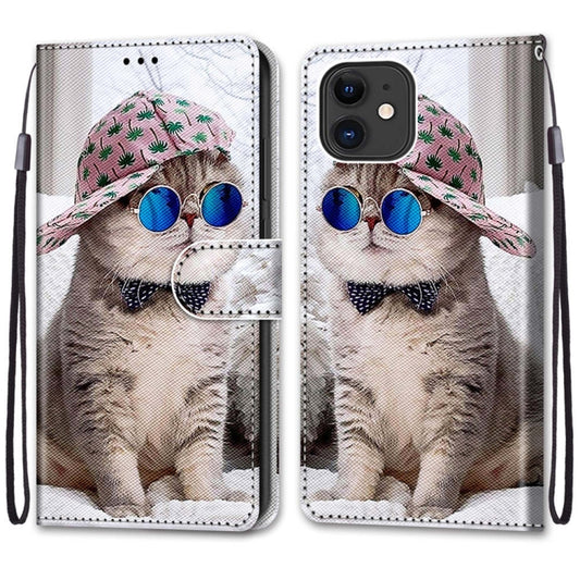 For iPhone 12 / 12 Pro Coloured Drawing Cross Texture Horizontal Flip PU Leather Case with Holder & Card Slots & Wallet & Lanyard(Slant Hat Blue Mirror Cat) - iPhone 12 / 12 Pro Cases by buy2fix | Online Shopping UK | buy2fix