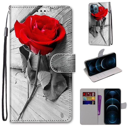 For iPhone 12 Pro Max Coloured Drawing Cross Texture Horizontal Flip PU Leather Case with Holder & Card Slots & Wallet & Lanyard(B10 Wood Red Rose) - iPhone 12 Pro Max Cases by buy2fix | Online Shopping UK | buy2fix
