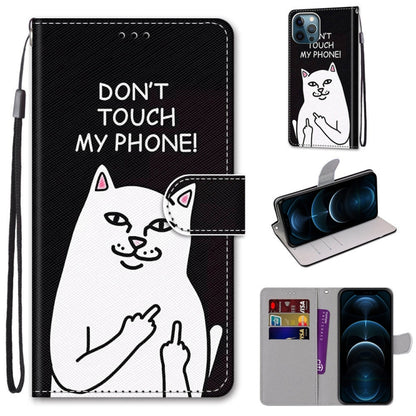 For iPhone 12 Pro Max Coloured Drawing Cross Texture Horizontal Flip PU Leather Case with Holder & Card Slots & Wallet & Lanyard(Middle Finger White Cat) - iPhone 12 Pro Max Cases by buy2fix | Online Shopping UK | buy2fix