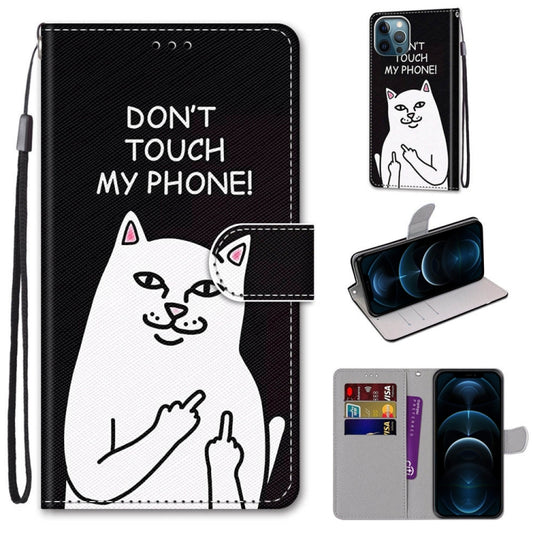 For iPhone 12 Pro Max Coloured Drawing Cross Texture Horizontal Flip PU Leather Case with Holder & Card Slots & Wallet & Lanyard(Middle Finger White Cat) - iPhone 12 Pro Max Cases by buy2fix | Online Shopping UK | buy2fix