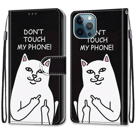 For iPhone 12 Pro Max Coloured Drawing Cross Texture Horizontal Flip PU Leather Case with Holder & Card Slots & Wallet & Lanyard(Middle Finger White Cat) - iPhone 12 Pro Max Cases by buy2fix | Online Shopping UK | buy2fix