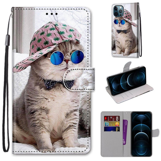 For iPhone 12 Pro Max Coloured Drawing Cross Texture Horizontal Flip PU Leather Case with Holder & Card Slots & Wallet & Lanyard(Slant Hat Blue Mirror Cat) - iPhone 12 Pro Max Cases by buy2fix | Online Shopping UK | buy2fix