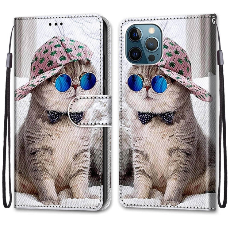 For iPhone 12 Pro Max Coloured Drawing Cross Texture Horizontal Flip PU Leather Case with Holder & Card Slots & Wallet & Lanyard(Slant Hat Blue Mirror Cat) - iPhone 12 Pro Max Cases by buy2fix | Online Shopping UK | buy2fix