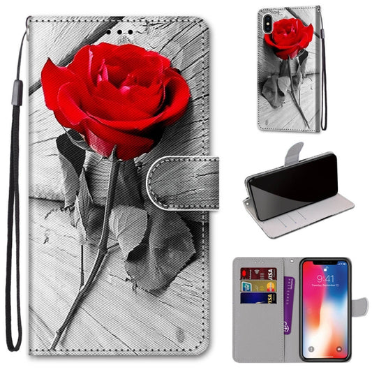 For iPhone X / XS Coloured Drawing Cross Texture Horizontal Flip PU Leather Case with Holder & Card Slots & Wallet & Lanyard(B10 Wood Red Rose) - More iPhone Cases by buy2fix | Online Shopping UK | buy2fix