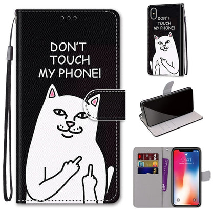 For iPhone X / XS Coloured Drawing Cross Texture Horizontal Flip PU Leather Case with Holder & Card Slots & Wallet & Lanyard(Middle Finger White Cat) - More iPhone Cases by buy2fix | Online Shopping UK | buy2fix