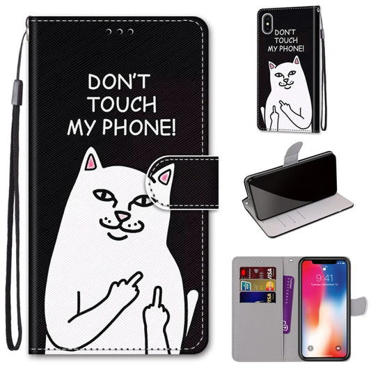 For iPhone X / XS Coloured Drawing Cross Texture Horizontal Flip PU Leather Case with Holder & Card Slots & Wallet & Lanyard(Middle Finger White Cat) - More iPhone Cases by buy2fix | Online Shopping UK | buy2fix