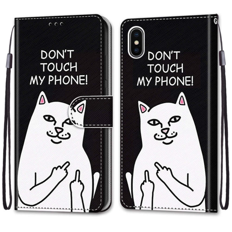 For iPhone X / XS Coloured Drawing Cross Texture Horizontal Flip PU Leather Case with Holder & Card Slots & Wallet & Lanyard(Middle Finger White Cat) - More iPhone Cases by buy2fix | Online Shopping UK | buy2fix