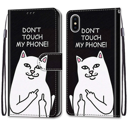 For iPhone X / XS Coloured Drawing Cross Texture Horizontal Flip PU Leather Case with Holder & Card Slots & Wallet & Lanyard(Middle Finger White Cat) - More iPhone Cases by buy2fix | Online Shopping UK | buy2fix