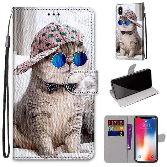 For iPhone X / XS Coloured Drawing Cross Texture Horizontal Flip PU Leather Case with Holder & Card Slots & Wallet & Lanyard(Slant Hat Blue Mirror Cat) - More iPhone Cases by buy2fix | Online Shopping UK | buy2fix