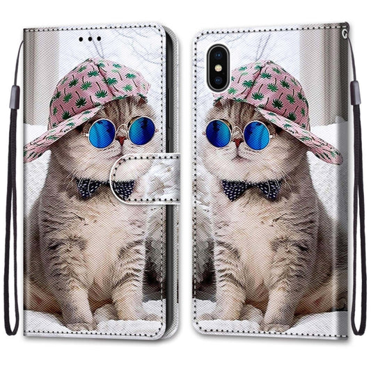 For iPhone X / XS Coloured Drawing Cross Texture Horizontal Flip PU Leather Case with Holder & Card Slots & Wallet & Lanyard(Slant Hat Blue Mirror Cat) - More iPhone Cases by buy2fix | Online Shopping UK | buy2fix