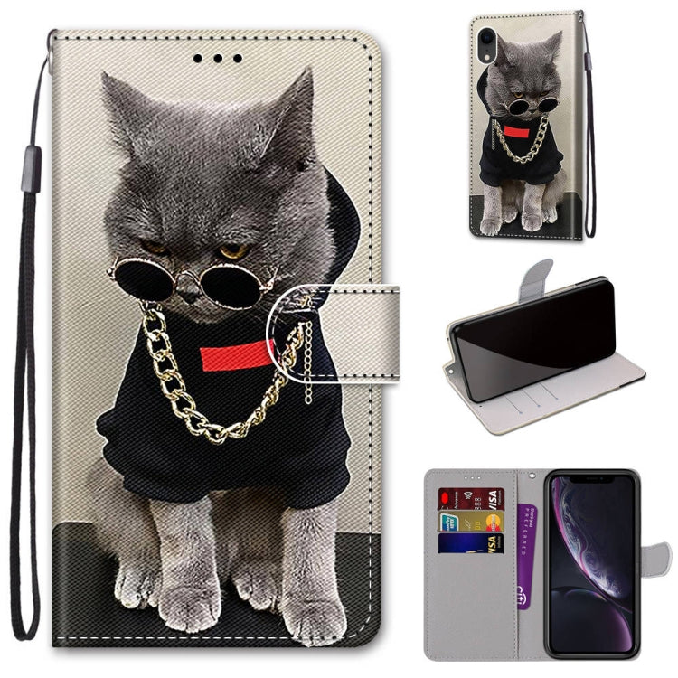 For iPhone XR Coloured Drawing Cross Texture Horizontal Flip PU Leather Case with Holder & Card Slots & Wallet & Lanyard(B09 Golden Chain Grey Cat) - More iPhone Cases by buy2fix | Online Shopping UK | buy2fix