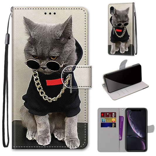 For iPhone XR Coloured Drawing Cross Texture Horizontal Flip PU Leather Case with Holder & Card Slots & Wallet & Lanyard(B09 Golden Chain Grey Cat) - More iPhone Cases by buy2fix | Online Shopping UK | buy2fix