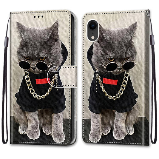 For iPhone XR Coloured Drawing Cross Texture Horizontal Flip PU Leather Case with Holder & Card Slots & Wallet & Lanyard(B09 Golden Chain Grey Cat) - More iPhone Cases by buy2fix | Online Shopping UK | buy2fix