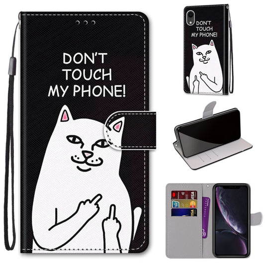 For iPhone XR Coloured Drawing Cross Texture Horizontal Flip PU Leather Case with Holder & Card Slots & Wallet & Lanyard(Middle Finger White Cat) - More iPhone Cases by buy2fix | Online Shopping UK | buy2fix