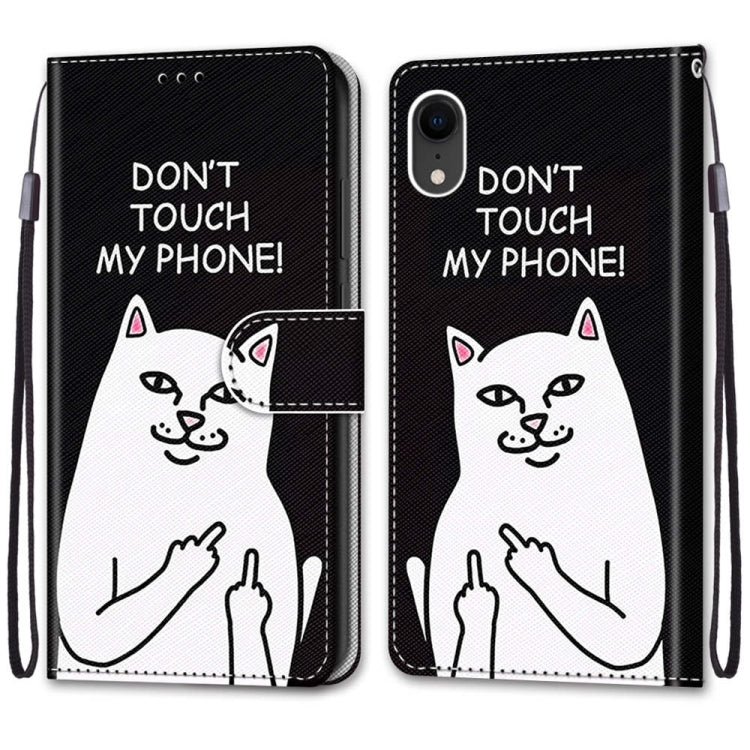 For iPhone XR Coloured Drawing Cross Texture Horizontal Flip PU Leather Case with Holder & Card Slots & Wallet & Lanyard(Middle Finger White Cat) - More iPhone Cases by buy2fix | Online Shopping UK | buy2fix