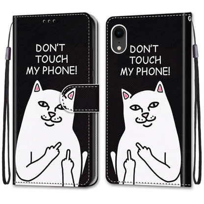 For iPhone XR Coloured Drawing Cross Texture Horizontal Flip PU Leather Case with Holder & Card Slots & Wallet & Lanyard(Middle Finger White Cat) - More iPhone Cases by buy2fix | Online Shopping UK | buy2fix