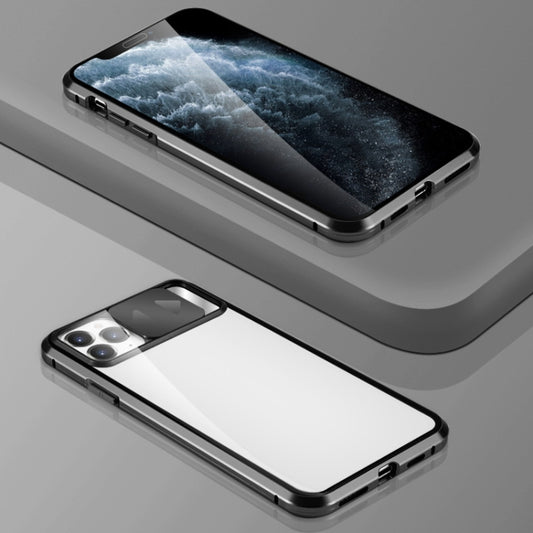 For iPhone 12 mini Sliding Lens Cover Mirror Design Four-corner Shockproof Magnetic Metal Frame Double-sided Tempered Glass Case (Black) - iPhone 12 mini Cases by buy2fix | Online Shopping UK | buy2fix