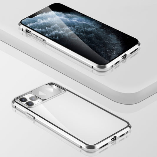For iPhone 12 mini Sliding Lens Cover Mirror Design Four-corner Shockproof Magnetic Metal Frame Double-sided Tempered Glass Case (Silver) - iPhone 12 mini Cases by buy2fix | Online Shopping UK | buy2fix