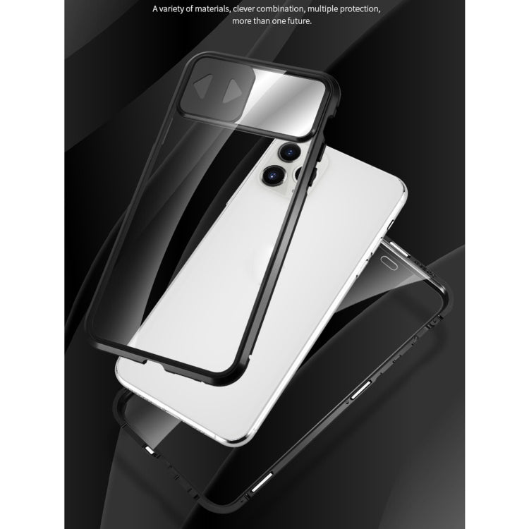 For iPhone 12 mini Sliding Lens Cover Mirror Design Four-corner Shockproof Magnetic Metal Frame Double-sided Tempered Glass Case (Silver) - iPhone 12 mini Cases by buy2fix | Online Shopping UK | buy2fix