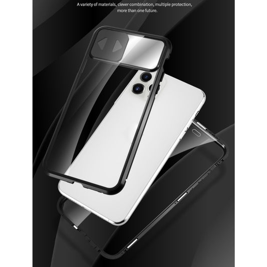 For iPhone 12 mini Sliding Lens Cover Mirror Design Four-corner Shockproof Magnetic Metal Frame Double-sided Tempered Glass Case (Silver) - iPhone 12 mini Cases by buy2fix | Online Shopping UK | buy2fix