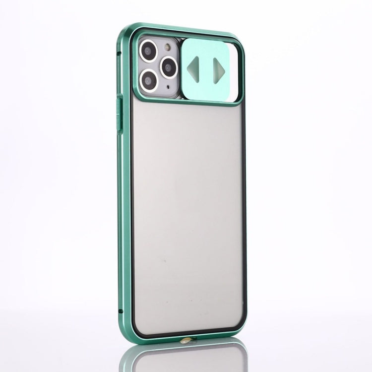For iPhone 12 mini Sliding Lens Cover Mirror Design Four-corner Shockproof Magnetic Metal Frame Double-sided Tempered Glass Case (Silver) - iPhone 12 mini Cases by buy2fix | Online Shopping UK | buy2fix