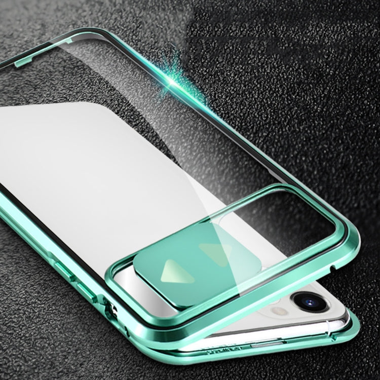 For iPhone 12 mini Sliding Lens Cover Mirror Design Four-corner Shockproof Magnetic Metal Frame Double-sided Tempered Glass Case (Silver) - iPhone 12 mini Cases by buy2fix | Online Shopping UK | buy2fix