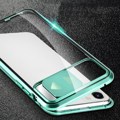 For iPhone 12 mini Sliding Lens Cover Mirror Design Four-corner Shockproof Magnetic Metal Frame Double-sided Tempered Glass Case (Silver) - iPhone 12 mini Cases by buy2fix | Online Shopping UK | buy2fix
