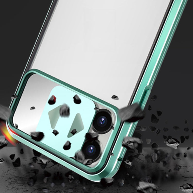 For iPhone 12 mini Sliding Lens Cover Mirror Design Four-corner Shockproof Magnetic Metal Frame Double-sided Tempered Glass Case (Silver) - iPhone 12 mini Cases by buy2fix | Online Shopping UK | buy2fix