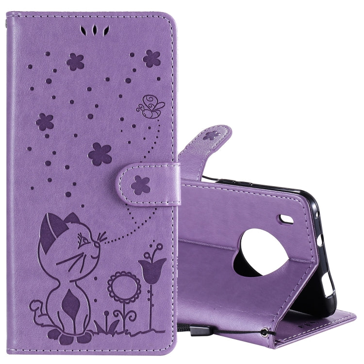 For Huawei Y9a Cat Bee Embossing Pattern Shockproof Horizontal Flip Leather Case with Holder & Card Slots & Wallet(Purple) - Huawei Cases by buy2fix | Online Shopping UK | buy2fix