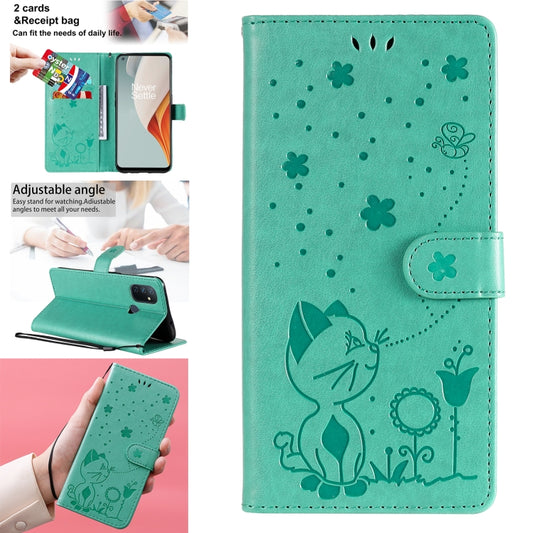 For OnePlus Nord N100 5G Cat Bee Embossing Pattern Shockproof Horizontal Flip Leather Case with Holder & Card Slots & Wallet(Green) - OnePlus Cases by buy2fix | Online Shopping UK | buy2fix