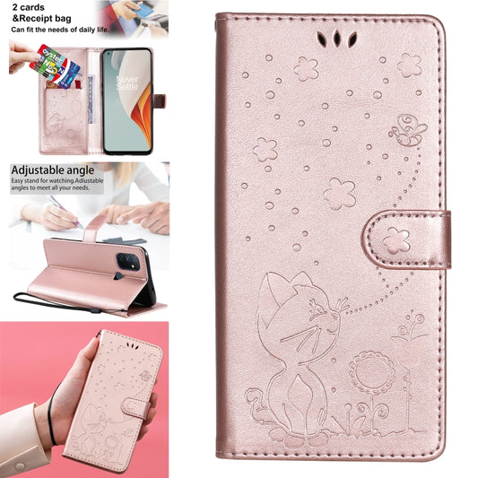 For OnePlus Nord N100 5G Cat Bee Embossing Pattern Shockproof Horizontal Flip Leather Case with Holder & Card Slots & Wallet(Rose Gold) - OnePlus Cases by buy2fix | Online Shopping UK | buy2fix