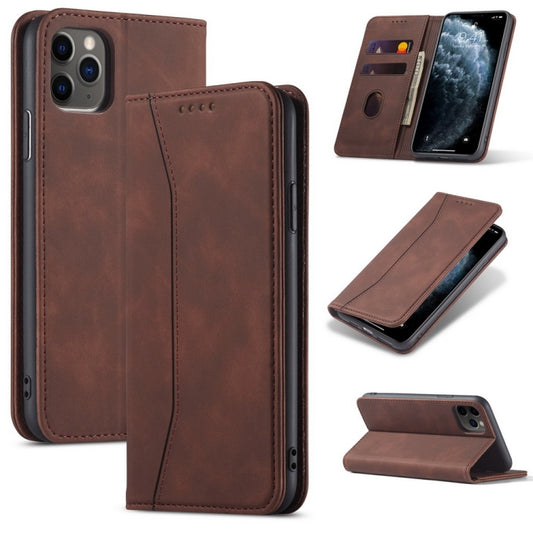 For iPhone 11 Skin-feel Calfskin Texture Magnetic Dual-Fold Horizontal Flip Leather Case with Holder & Card Slots & Wallet (Coffee) - iPhone 11 Cases by buy2fix | Online Shopping UK | buy2fix