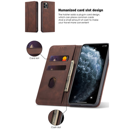 For iPhone 11 Skin-feel Calfskin Texture Magnetic Dual-Fold Horizontal Flip Leather Case with Holder & Card Slots & Wallet (Coffee) - iPhone 11 Cases by buy2fix | Online Shopping UK | buy2fix