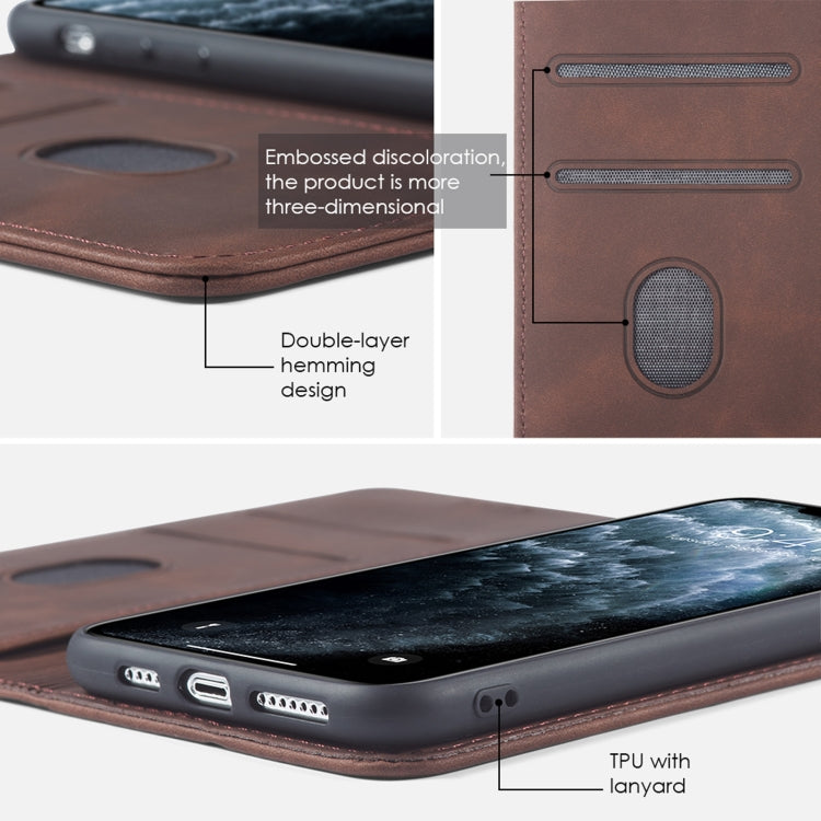 For iPhone 11 Skin-feel Calfskin Texture Magnetic Dual-Fold Horizontal Flip Leather Case with Holder & Card Slots & Wallet (Coffee) - iPhone 11 Cases by buy2fix | Online Shopping UK | buy2fix