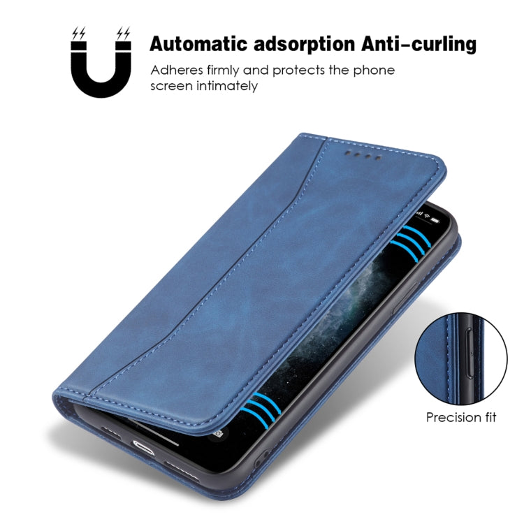 For iPhone 12 / 12 Pro Skin-feel Calfskin Texture Magnetic Dual-Fold Horizontal Flip Leather Case with Holder & Card Slots & Wallet(Blue) - iPhone 12 / 12 Pro Cases by buy2fix | Online Shopping UK | buy2fix
