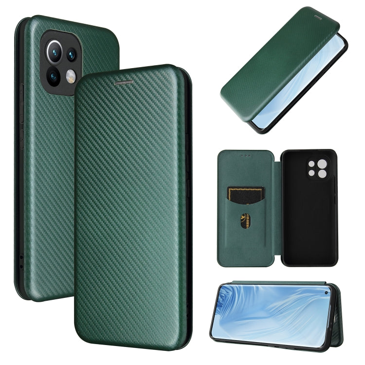 For Xiaomi Mi 11 Carbon Fiber Texture Horizontal Flip TPU + PC + PU Leather Case with Card Slot(Green) - Xiaomi Cases by buy2fix | Online Shopping UK | buy2fix