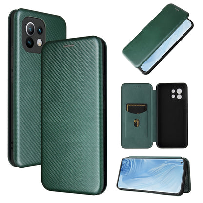 For Xiaomi Mi 11 Carbon Fiber Texture Horizontal Flip TPU + PC + PU Leather Case with Card Slot(Green) - Xiaomi Cases by buy2fix | Online Shopping UK | buy2fix