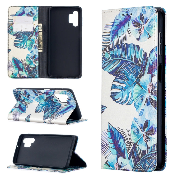 For Samsung Galaxy A32 5G Colored Drawing Pattern Invisible Magnetic Horizontal Flip PU Leather Case with Holder & Card Slots & Wallet(Blue Leaf) by buy2fix