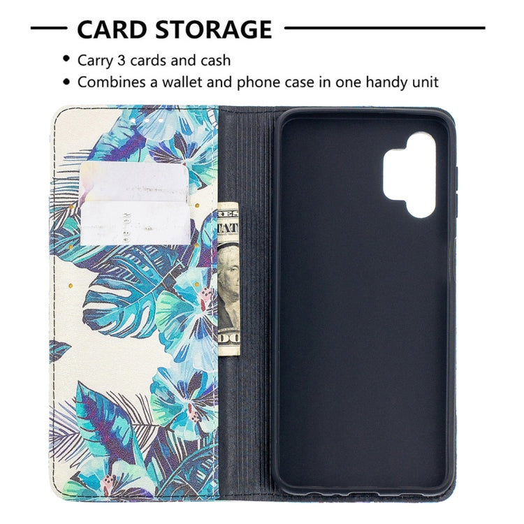 For Samsung Galaxy A32 5G Colored Drawing Pattern Invisible Magnetic Horizontal Flip PU Leather Case with Holder & Card Slots & Wallet(Blue Leaf) by buy2fix