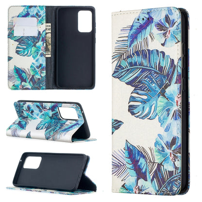 For Samsung Galaxy A52 5G/ 4G Colored Drawing Pattern Invisible Magnetic Horizontal Flip PU Leather Case with Holder & Card Slots & Wallet(Blue Leaf) by buy2fix