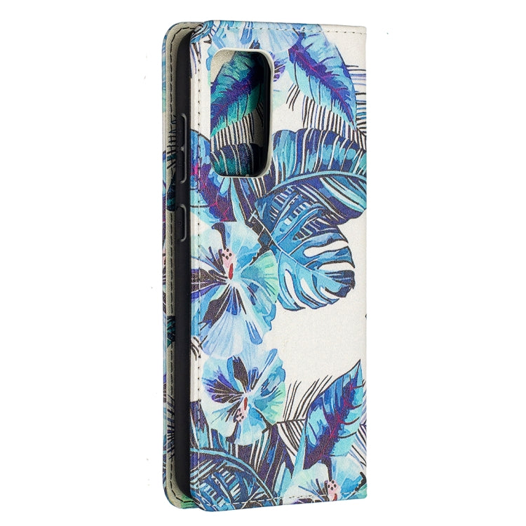 For Samsung Galaxy A52 5G/ 4G Colored Drawing Pattern Invisible Magnetic Horizontal Flip PU Leather Case with Holder & Card Slots & Wallet(Blue Leaf) by buy2fix