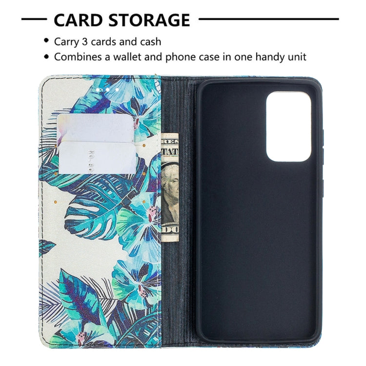 For Samsung Galaxy A52 5G/ 4G Colored Drawing Pattern Invisible Magnetic Horizontal Flip PU Leather Case with Holder & Card Slots & Wallet(Blue Leaf) by buy2fix